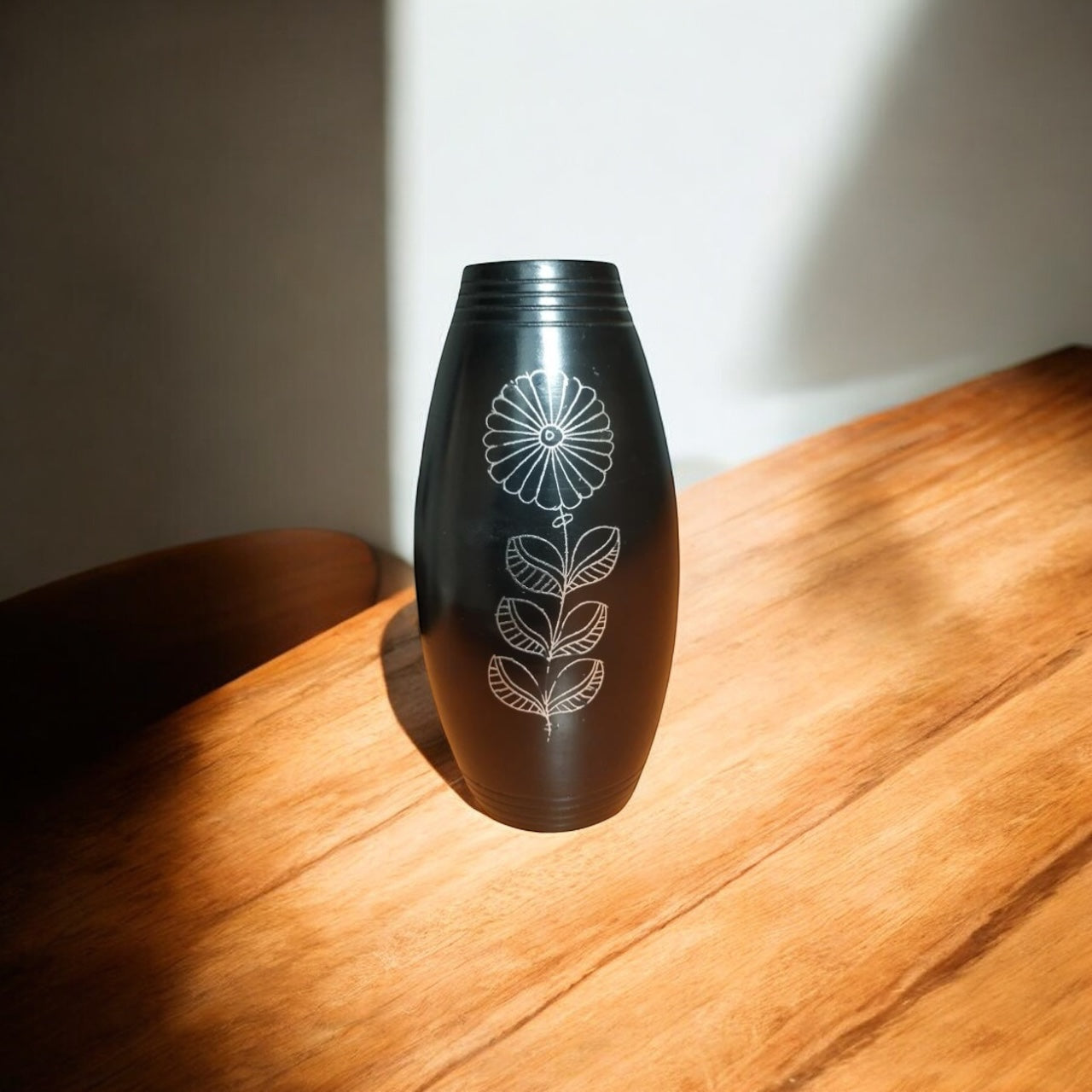 Nizamabad Black Pottery Barrel Vase with Silver Engraving